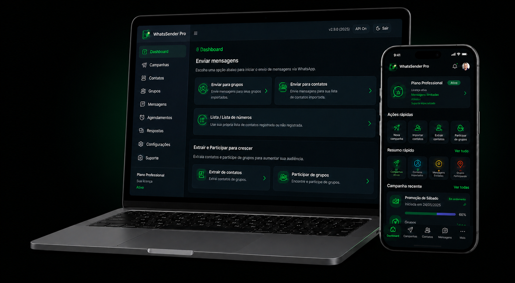 Notebook grafite e celular com interfaces promocionais do WhatsSender Pro